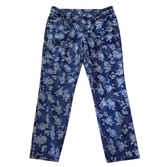 LIZ CLAIBORNE Blue Floral Jeans Size 12 Straight Leg Casual Stretch Denim Pants - Picture 1 of 8